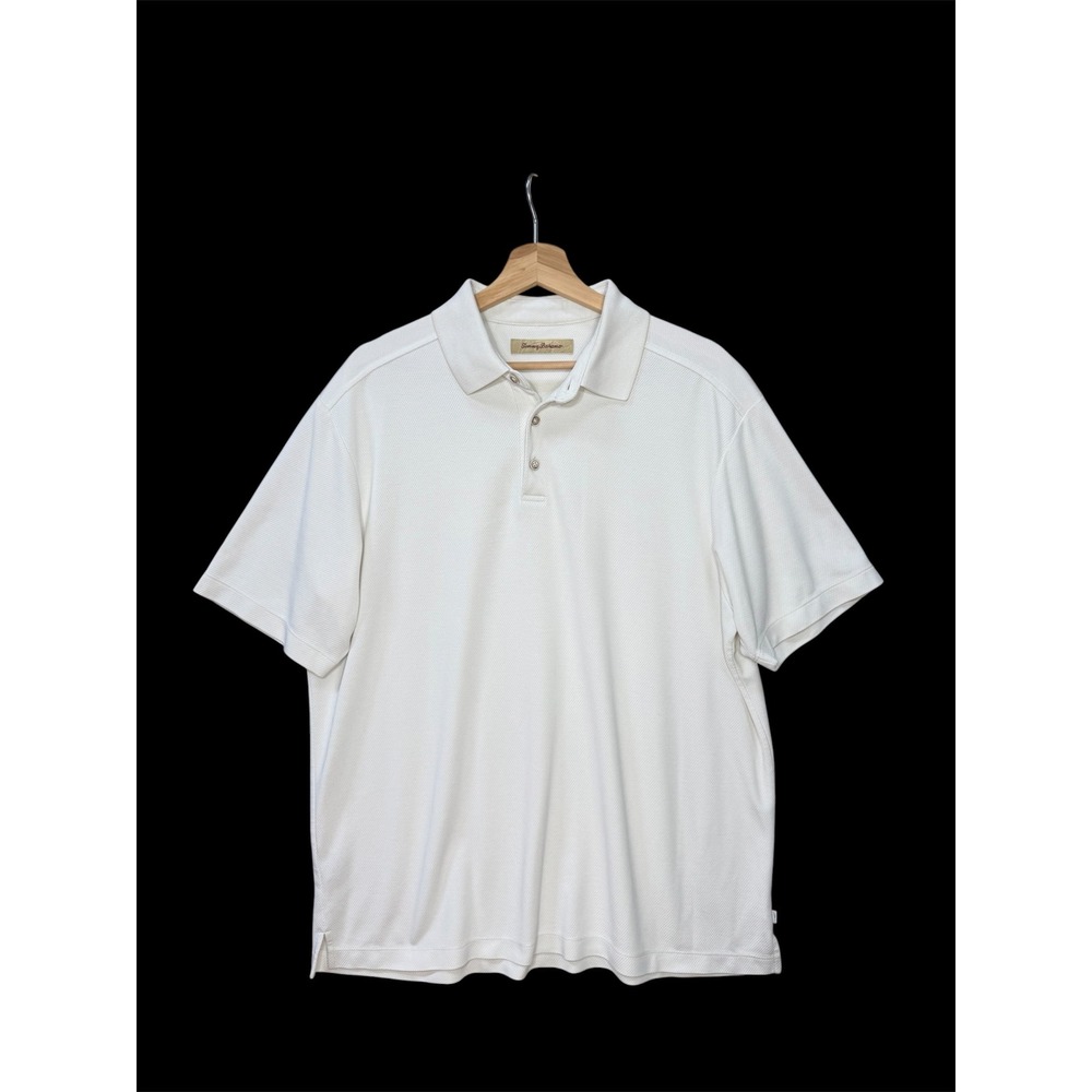 Tommy‎ Bahama Mens Large Cream Textured Modal Blend Short Sleeve Polo Shirt Golf